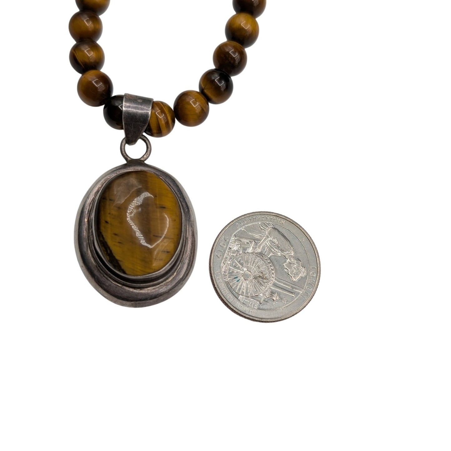 Vtg 925 Sterling Tiger's Eye Beaded Bezel Set Pendant Toggle Clasp 20" Necklace