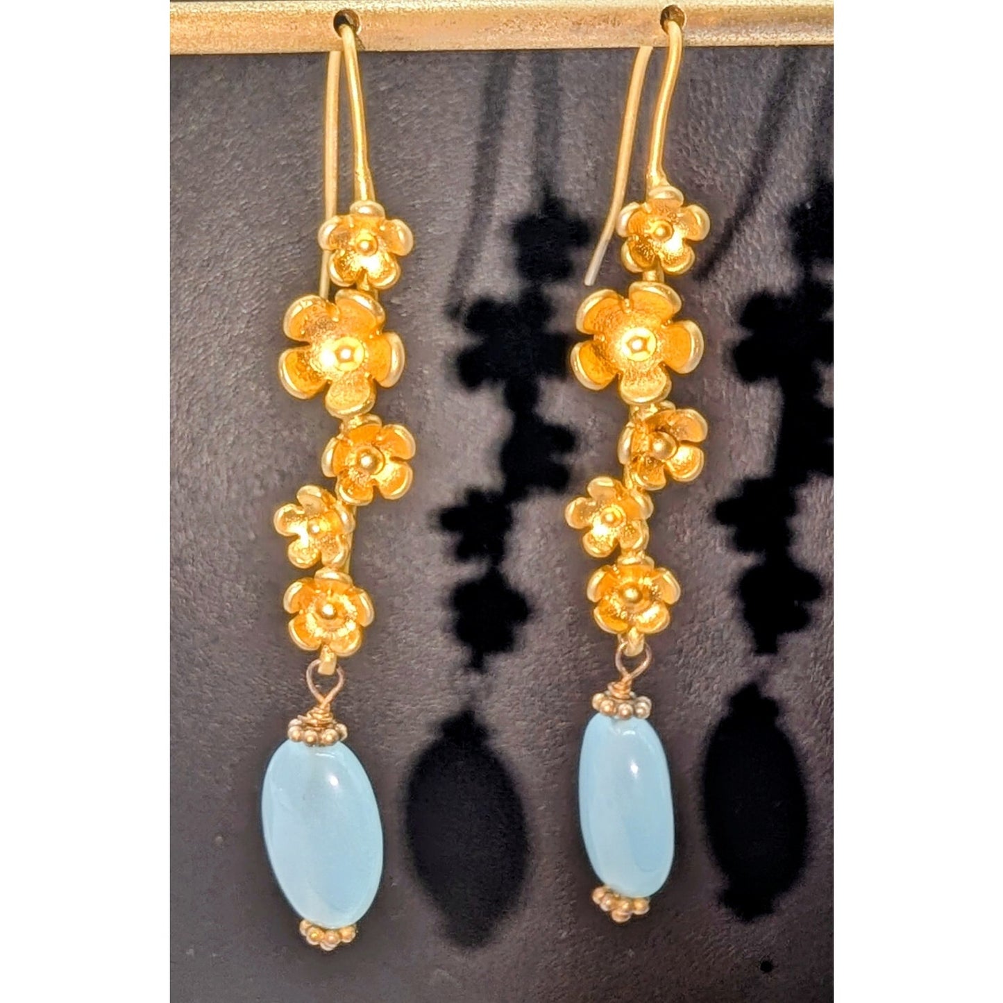 Brushed Gold Tone Flower Drop Chalcedony Glass Bead Pierced Earrings