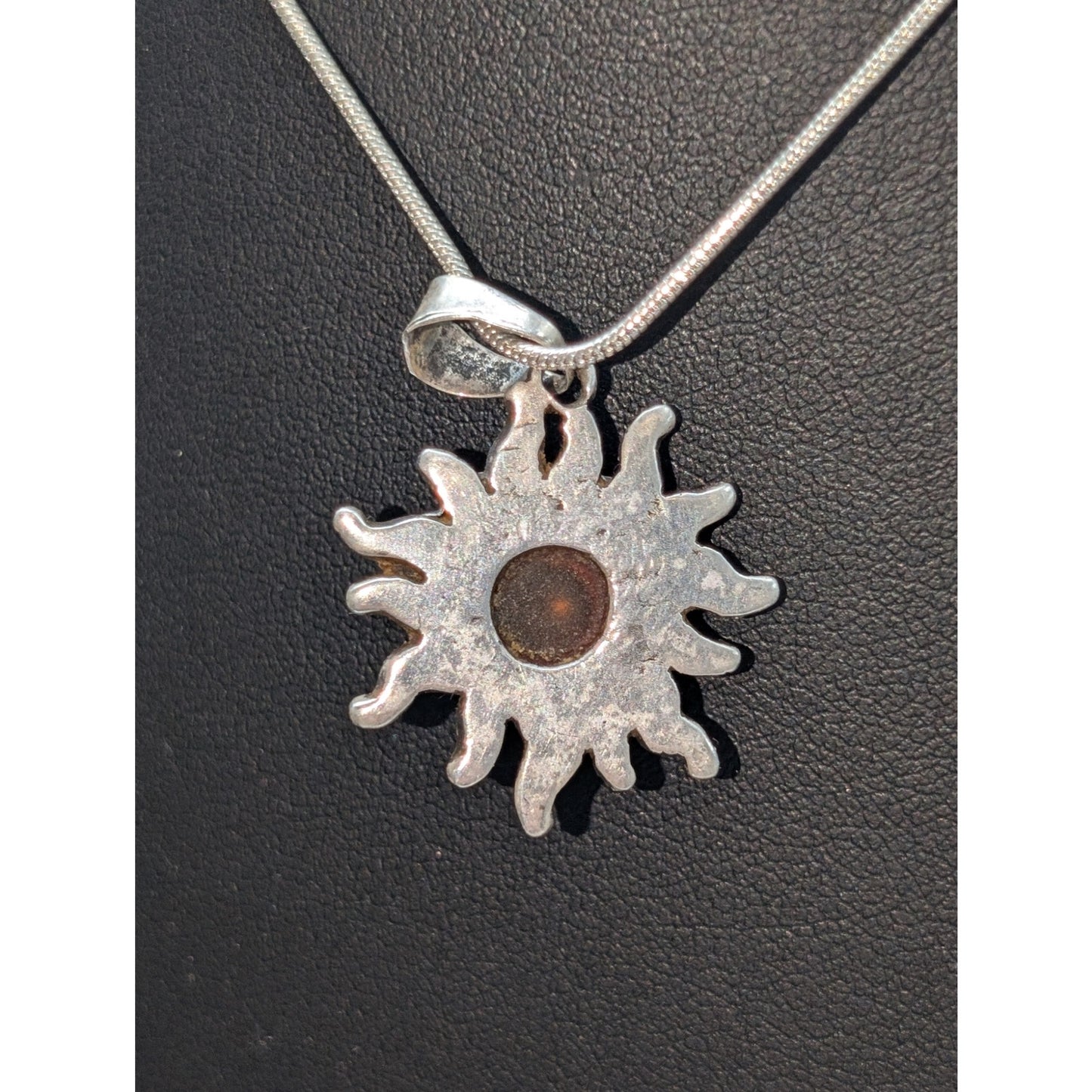 Vtg 925 Sterling Silver Amber Color Stone Sunburst Pendant 16" Chain Necklace