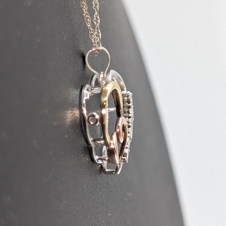 AU 925 Sterling Tri-Color Diamond Heart 'Love' Pendant 19" Chain Necklace
