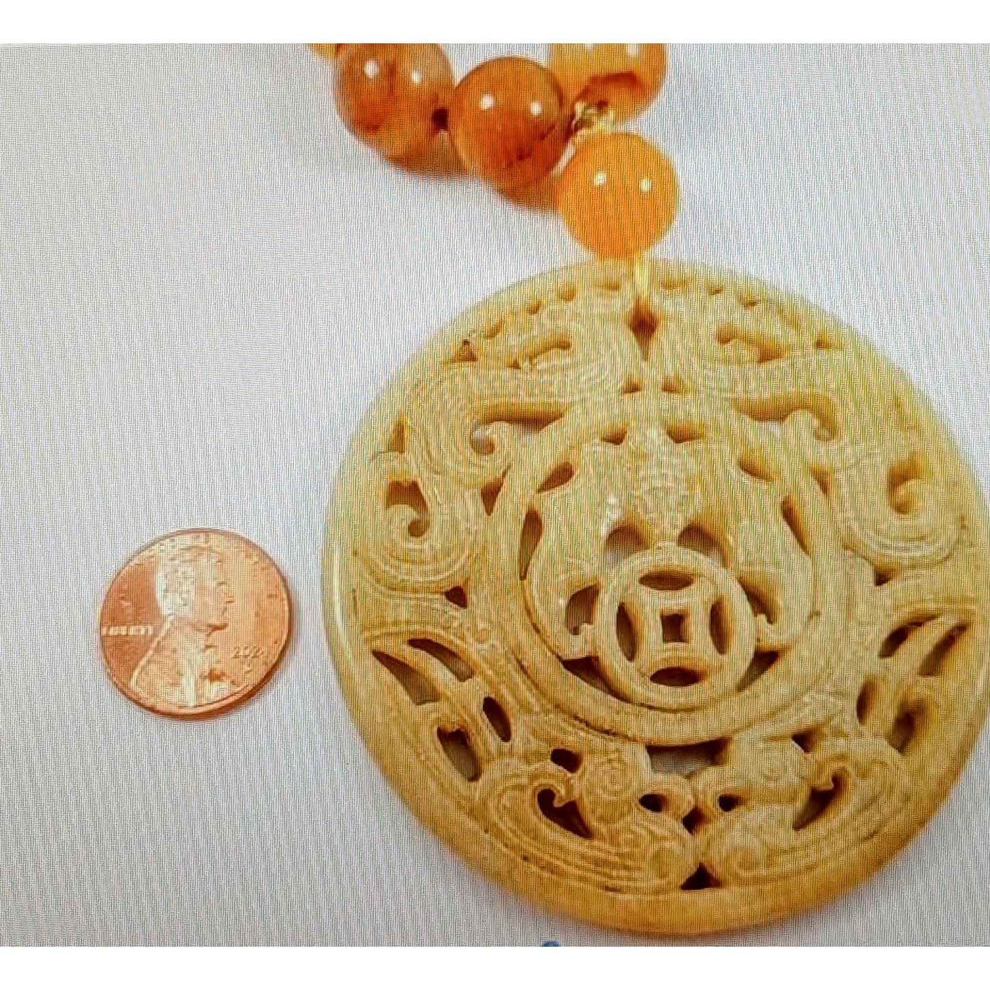 24" Asian Motif Silver Tone Carved Jade & 14mm Peach Aventurine Necklace 177.1g