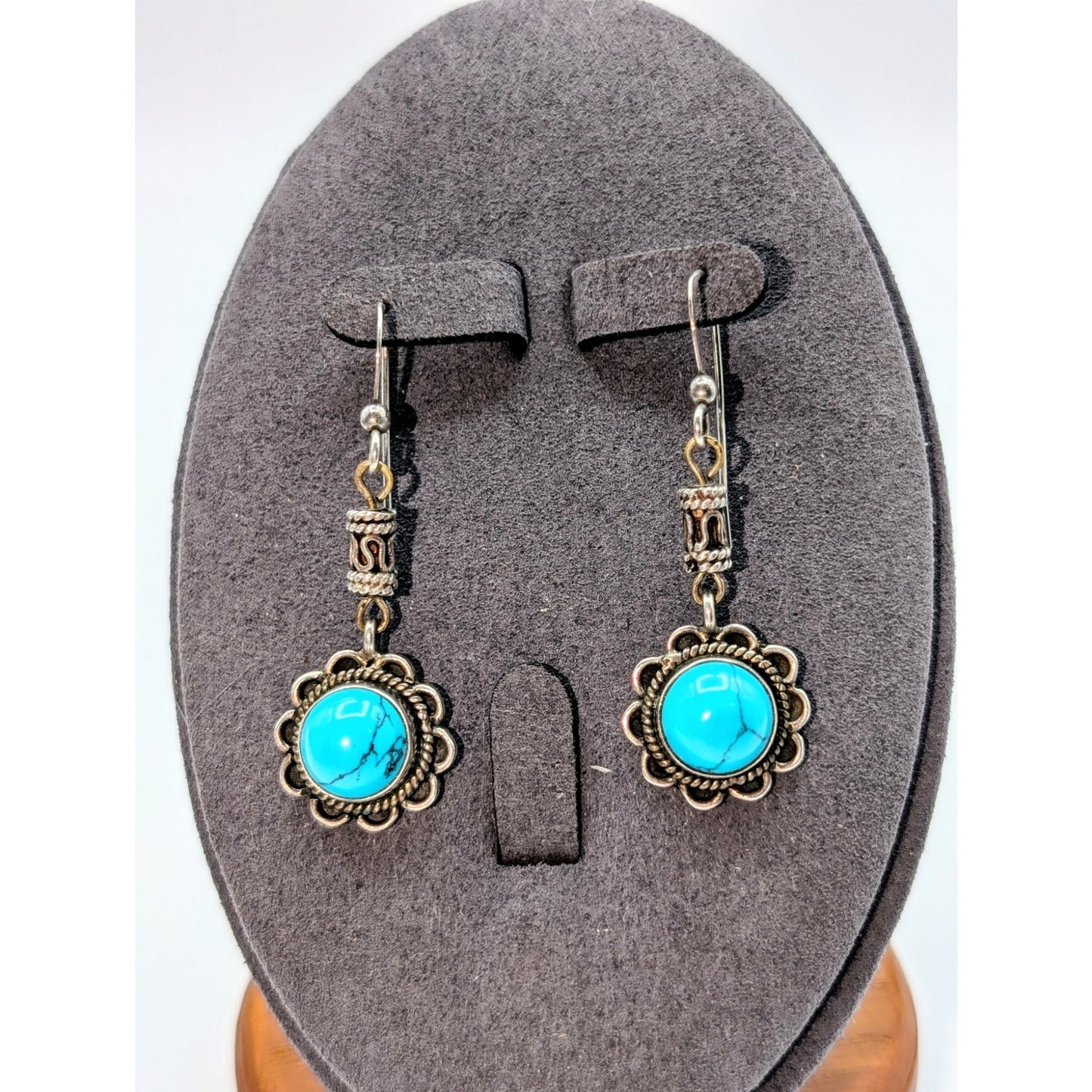 Vintage 925 Sterling Silver Turquoise Flower Bali Design Dangle Earrings