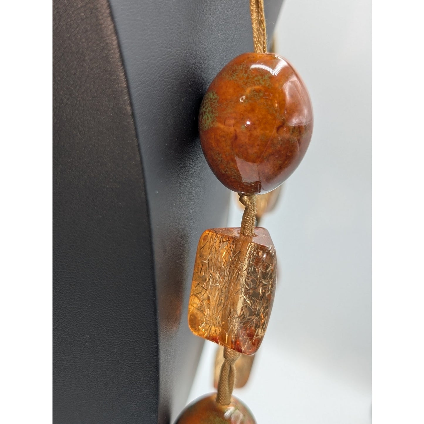Chico's Very Chunky Heavy Ribbon Strung Glass & Lucite Bead 38"-42" Necklace