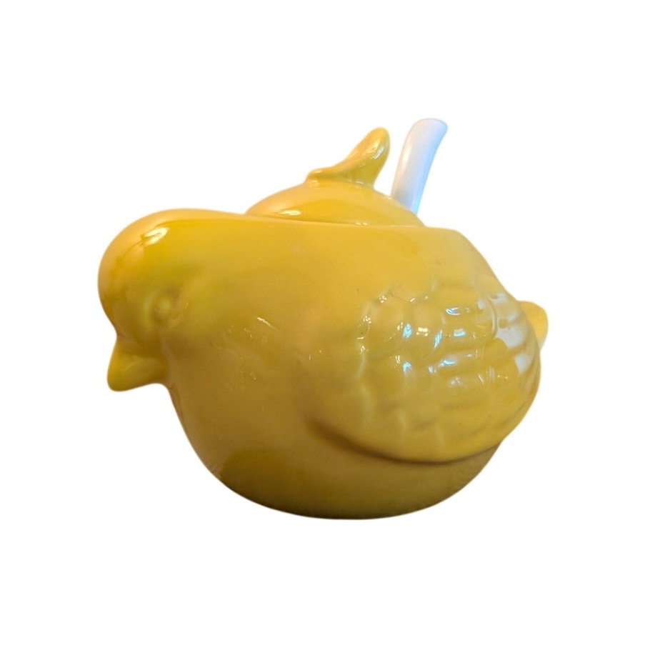 Vintage Yellow Bird Sugar Bowl W/ White Glass Spoon