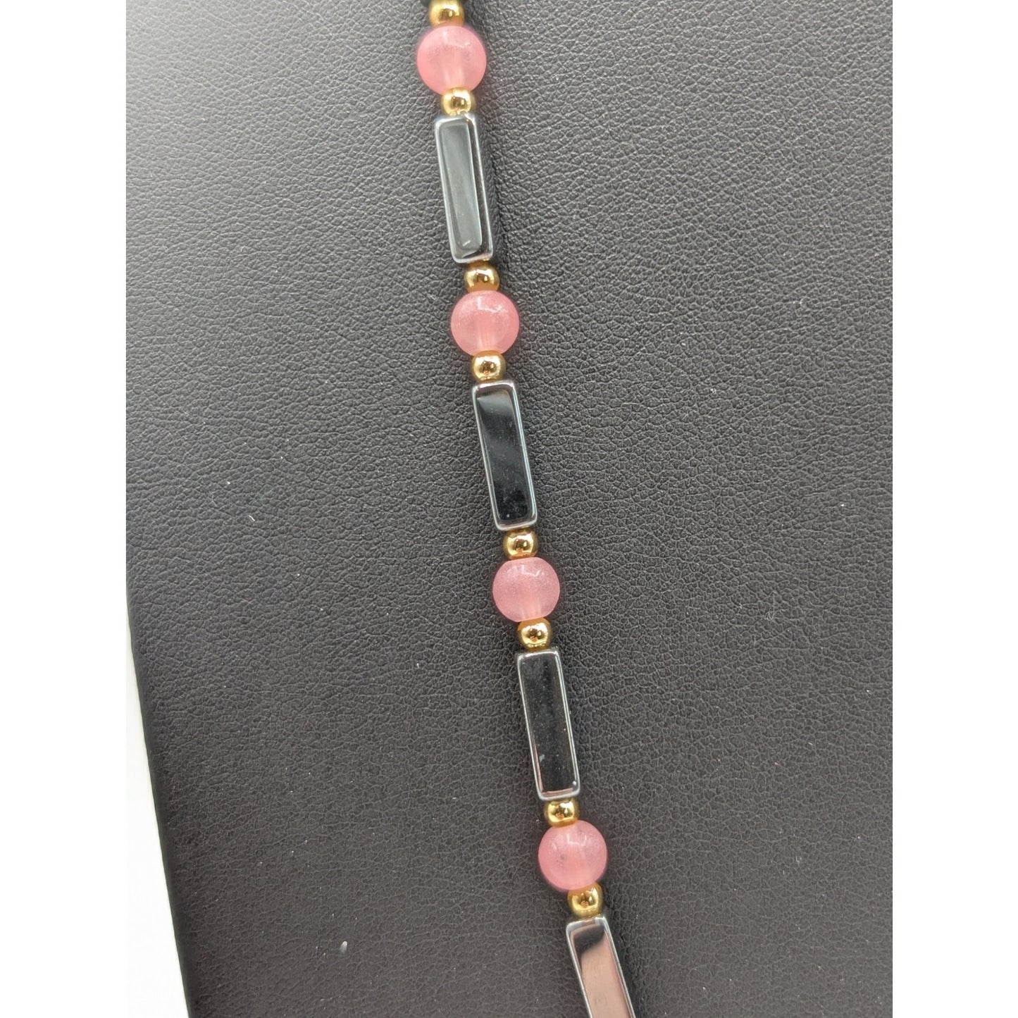 Elongated Hematite Pink Quartz Gold Tone Bead Over the Head 32" Necklace