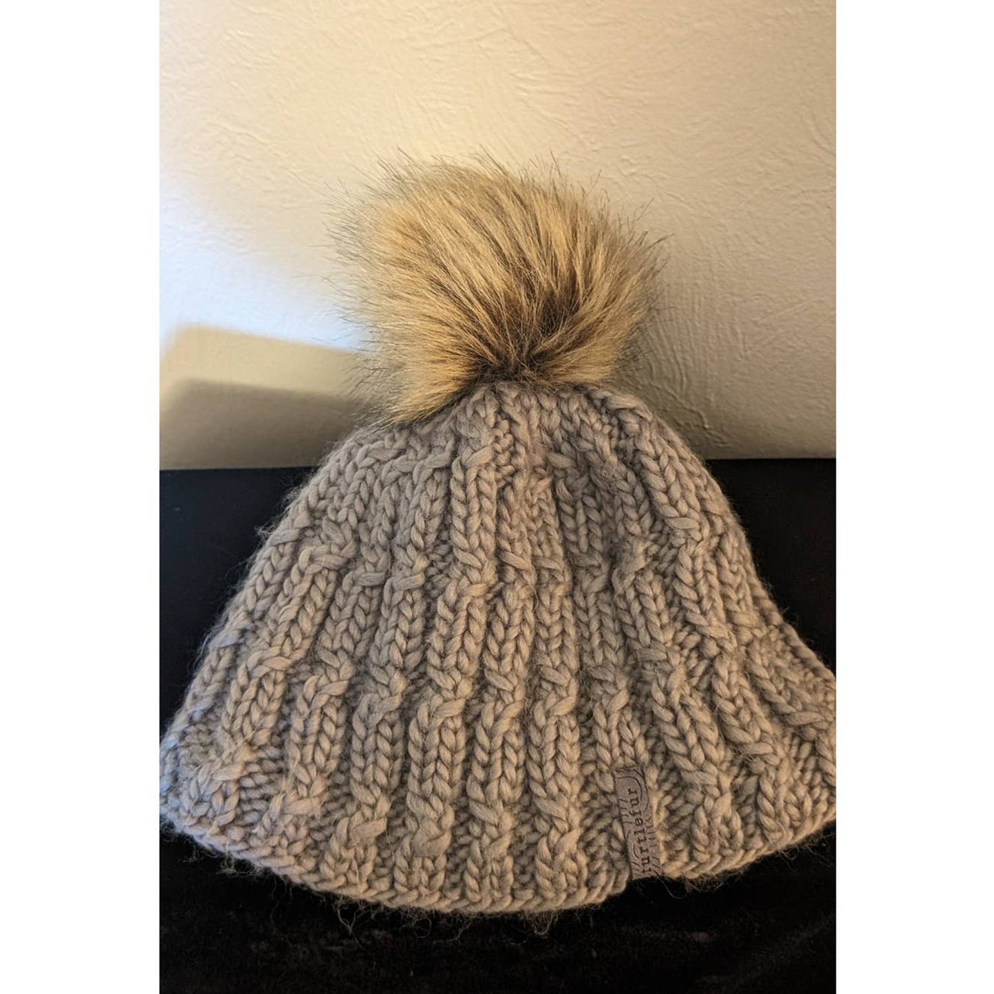 Turtle Fur Gray Fifi Cable Knit Merino Wool Plush Fleece Lined Faux Pom Beanie