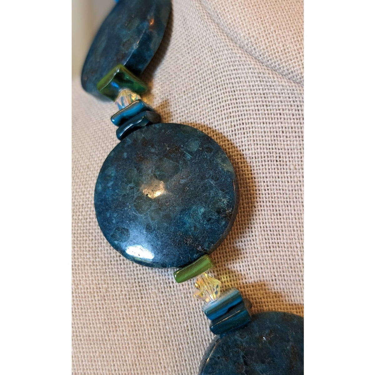 Chunky Heavy Blue Green Stone W/ Silver Toggle Clasp 20" Necklace