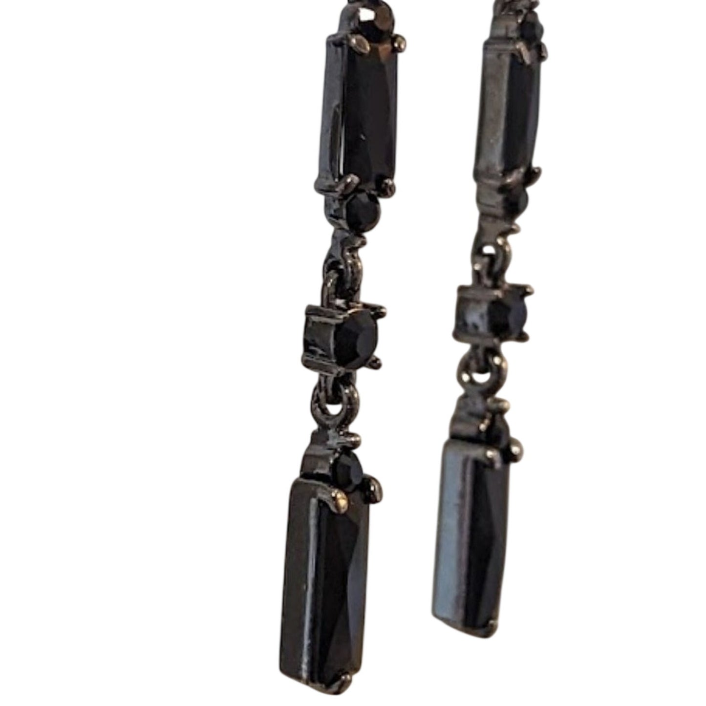 Vintage Black Faceted Crystal Gun Metal 1.5" Dangle Post Earrings