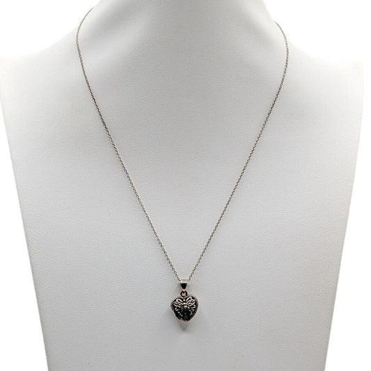 Vtg Silver Tone Cut Out Marcasite Butterfly Heart Locket Pendant Chain Necklace