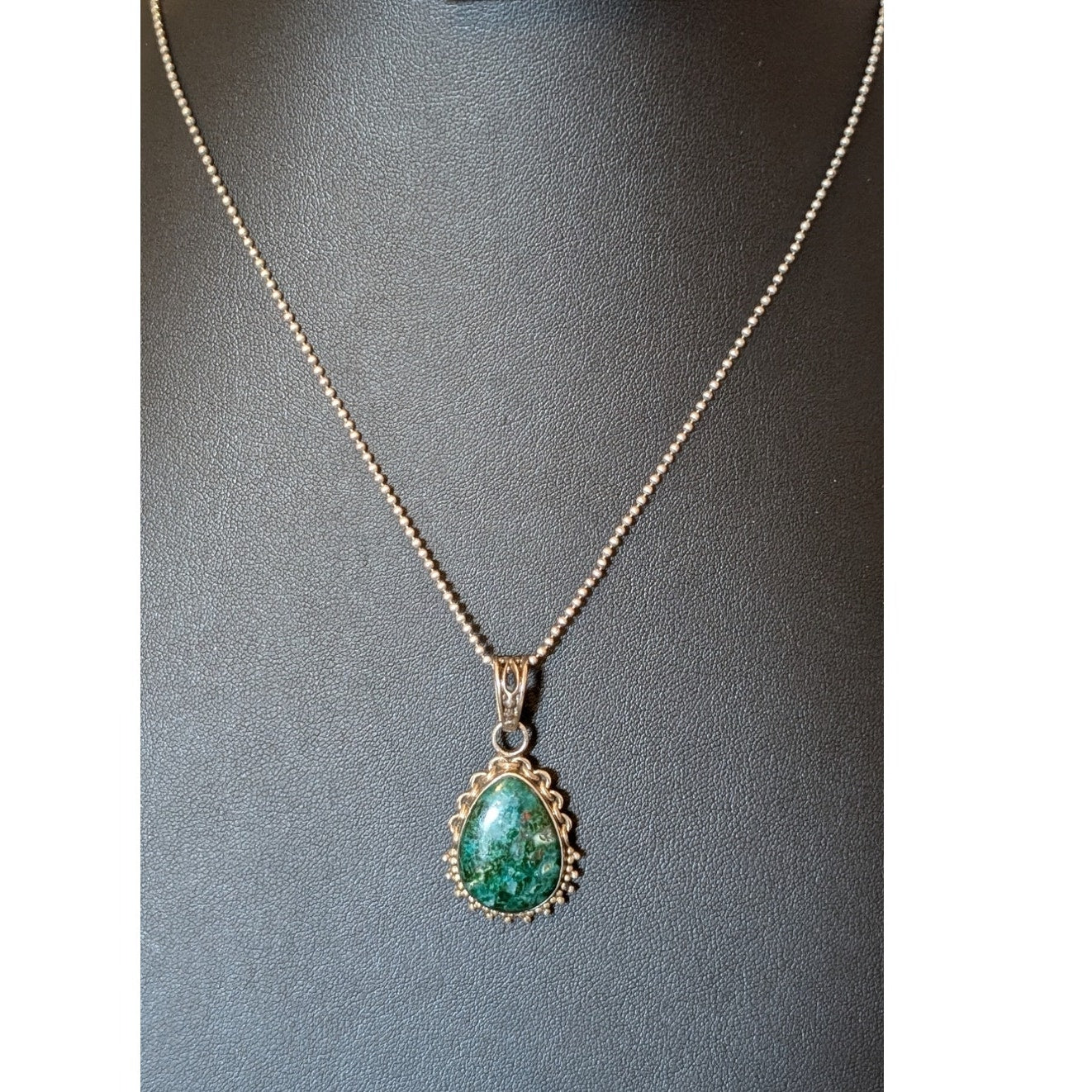 Vintage Chrysocolla 925 Sterling Silver Pendant on Bead Ball Chain Marked 925