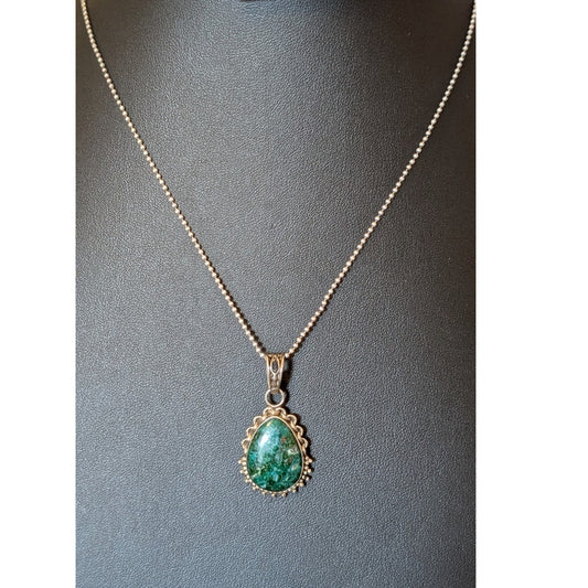 Vintage Chrysocolla 925 Sterling Silver Pendant on Bead Ball Chain Marked 925