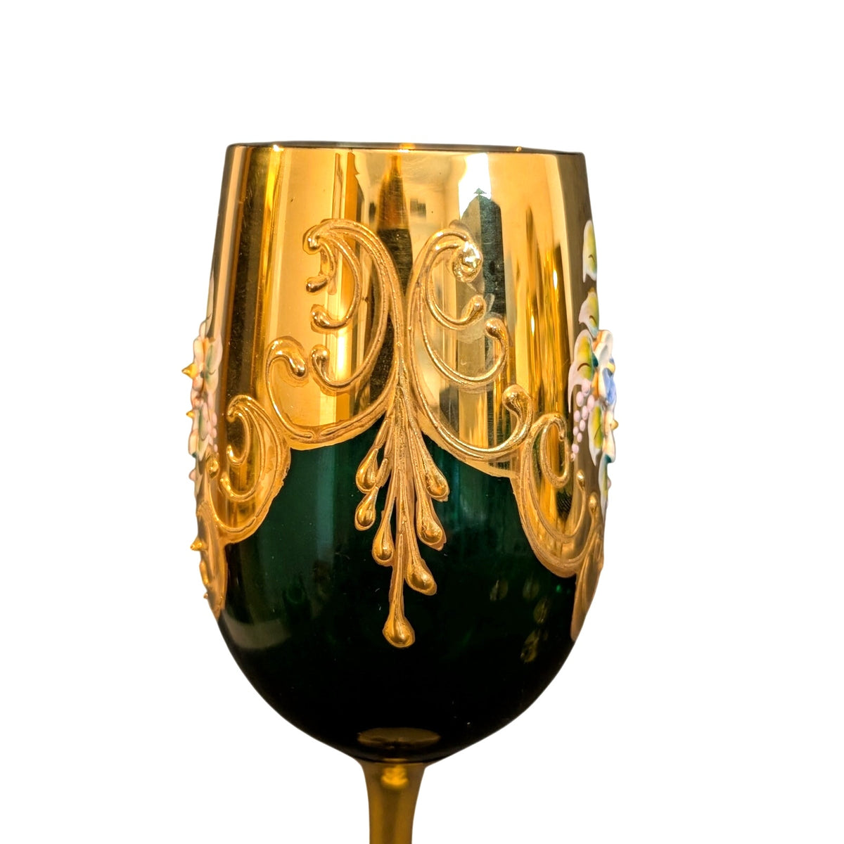 Vintage 50s Green Stem Wine Goblet Tre Fuochi Murano Italy Venetian Heavy Gilt