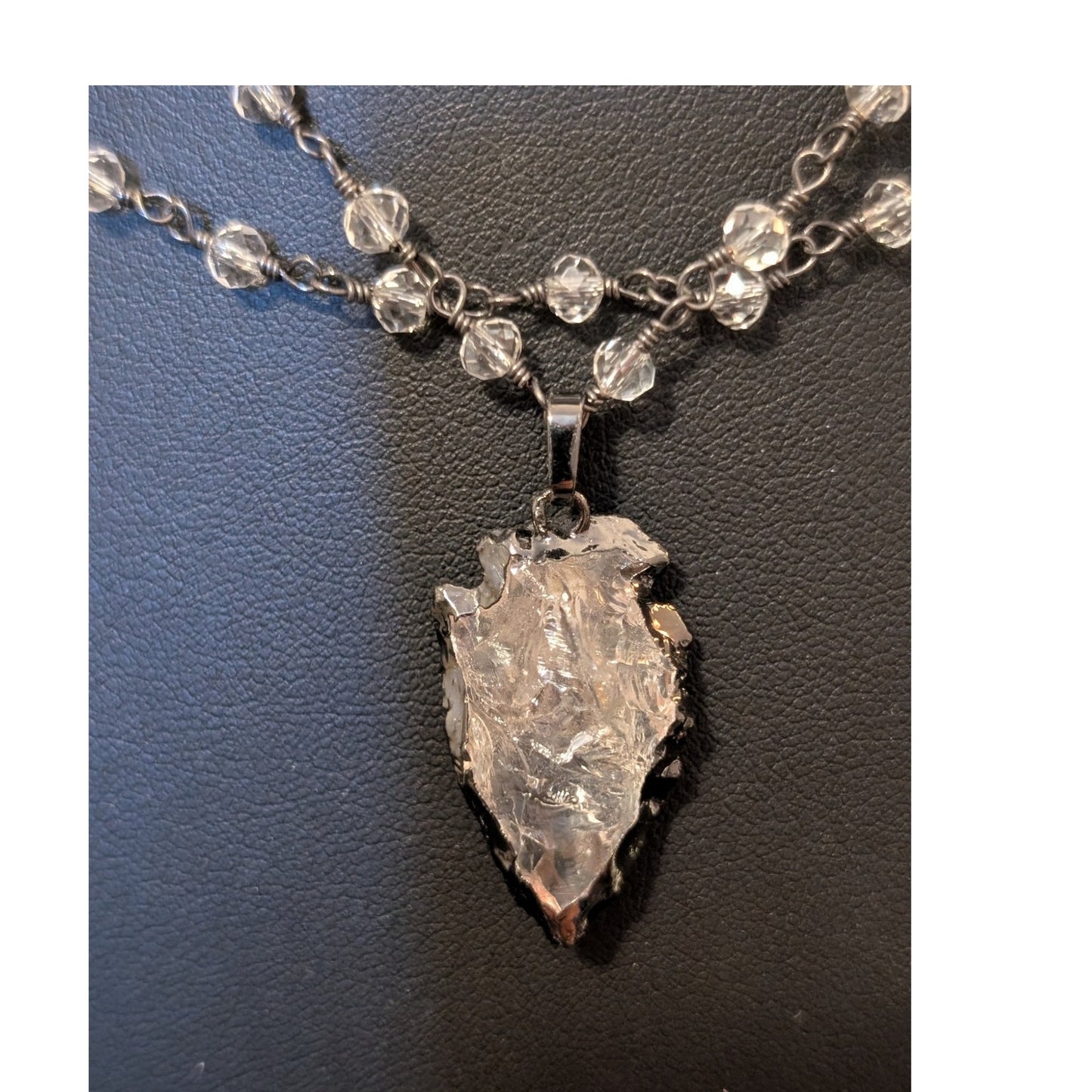 Two Strand Crystal Chain W/ Clear Quartz Arrowhead Pendant 16.5" Necklace