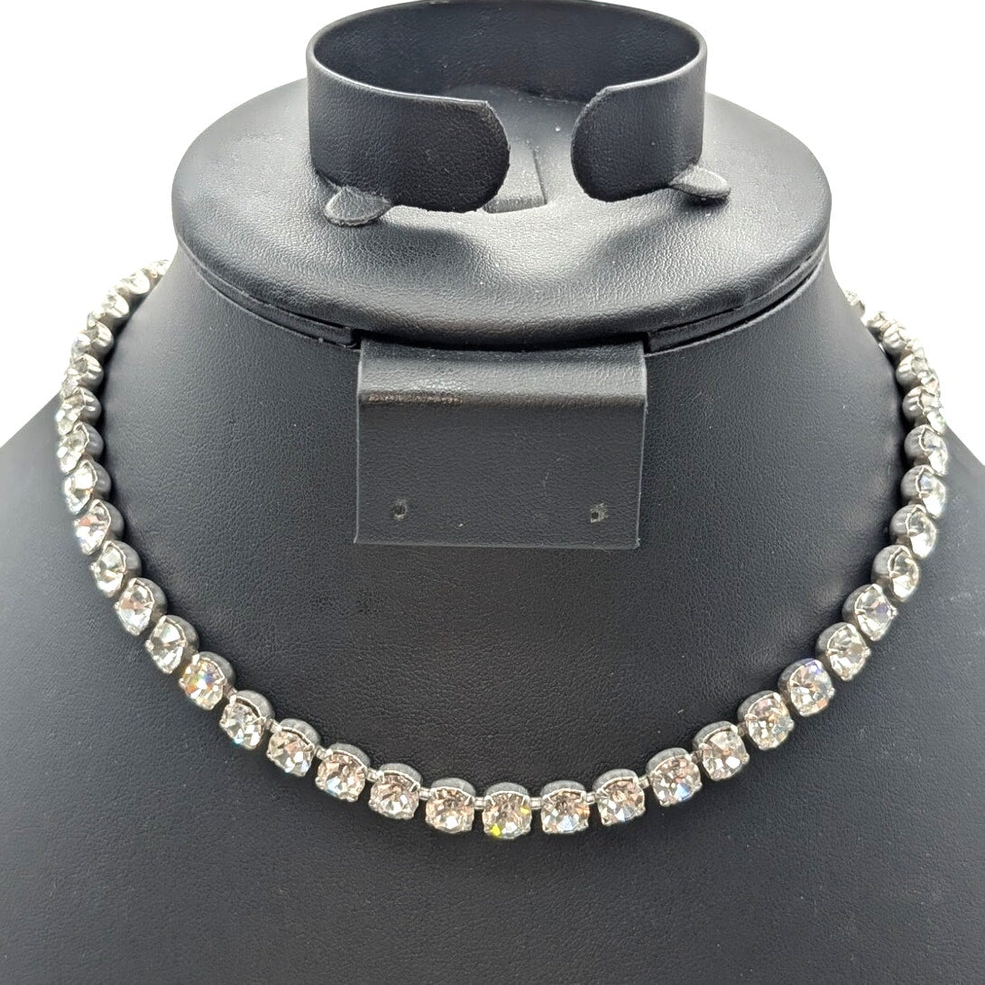 Vintage 12mm Rhinestone Silver Tone 12"-15" Choker Necklace