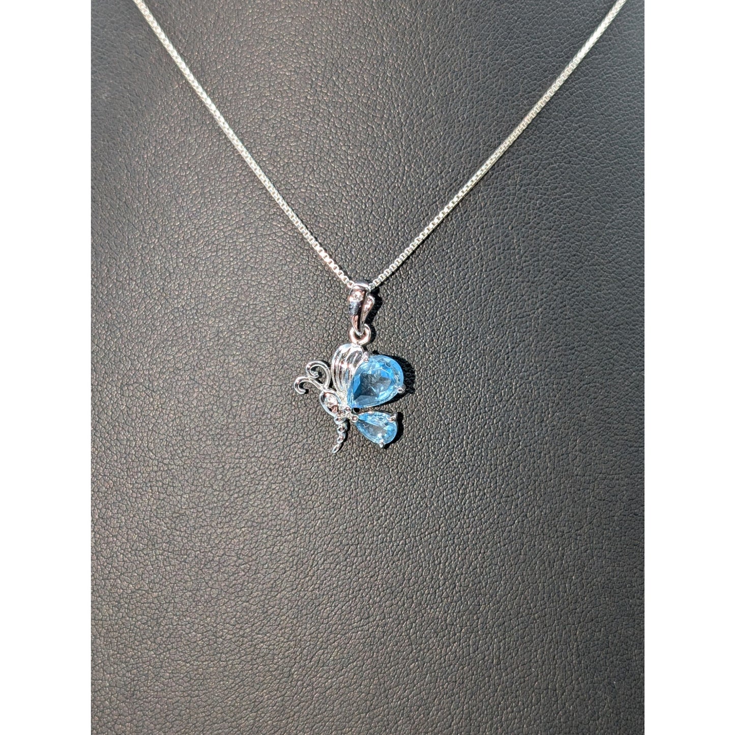 Blue Glass 925 Sterling Silver Butterfly 16" Box Chain Necklace