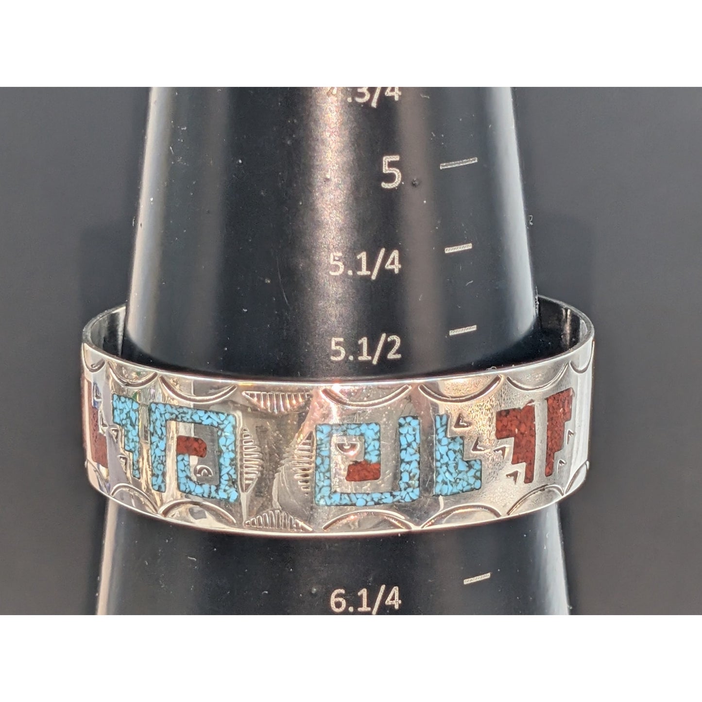 Vtg Navajo Sterling Silver Turquoise & Coral Chip Inlay Bracelet - Signed Ray B