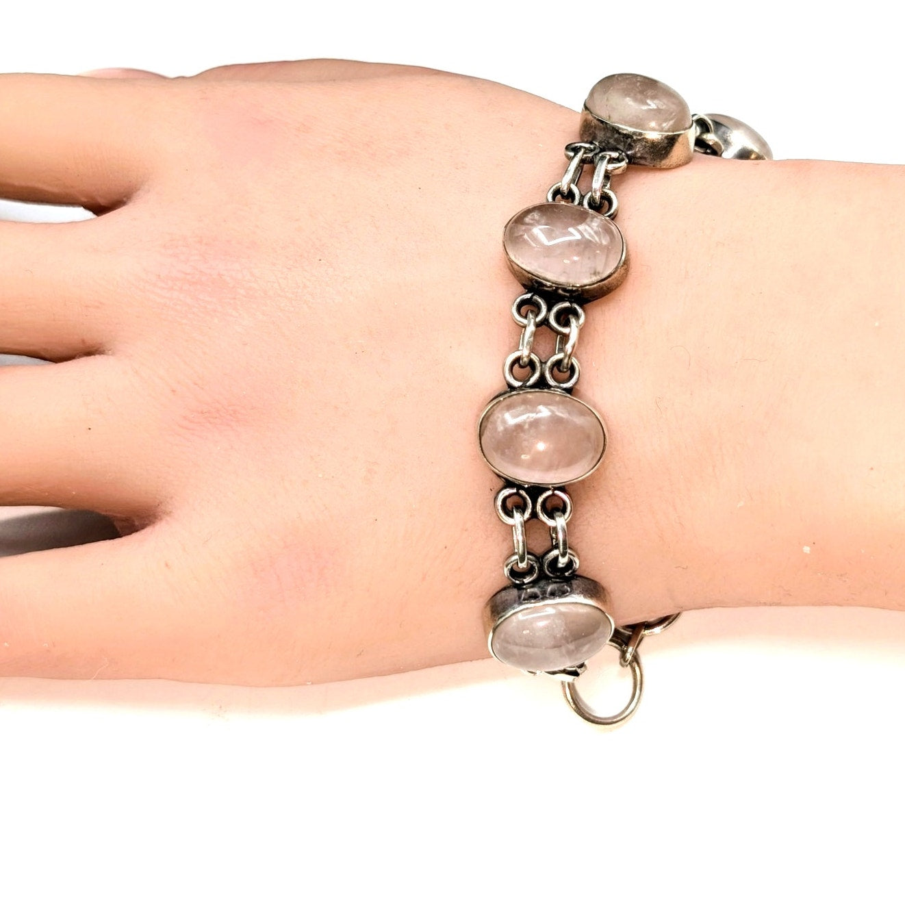 Vintage 925 Sterling Silver Rose Quartz Toggle Clasp Bracelet