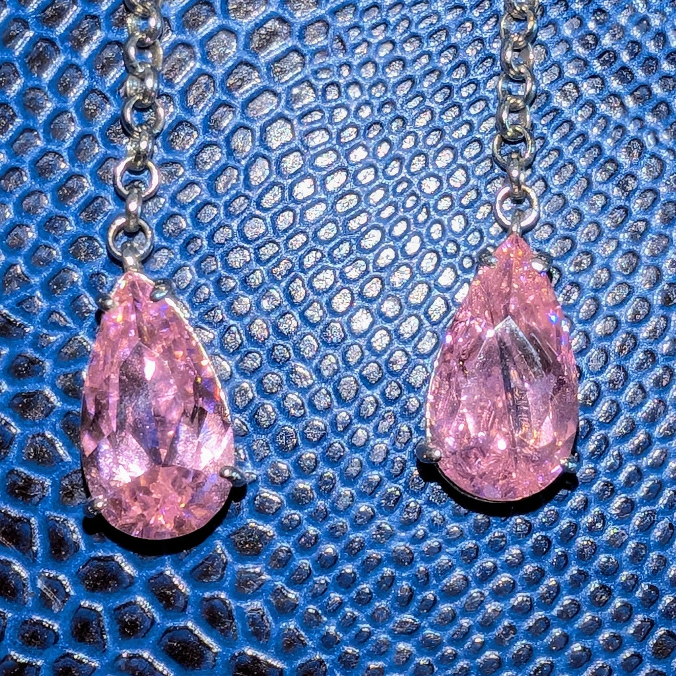 Marked EC 925 Sterling Silver Long Dangle Pink Teardrop Crystal Earrings