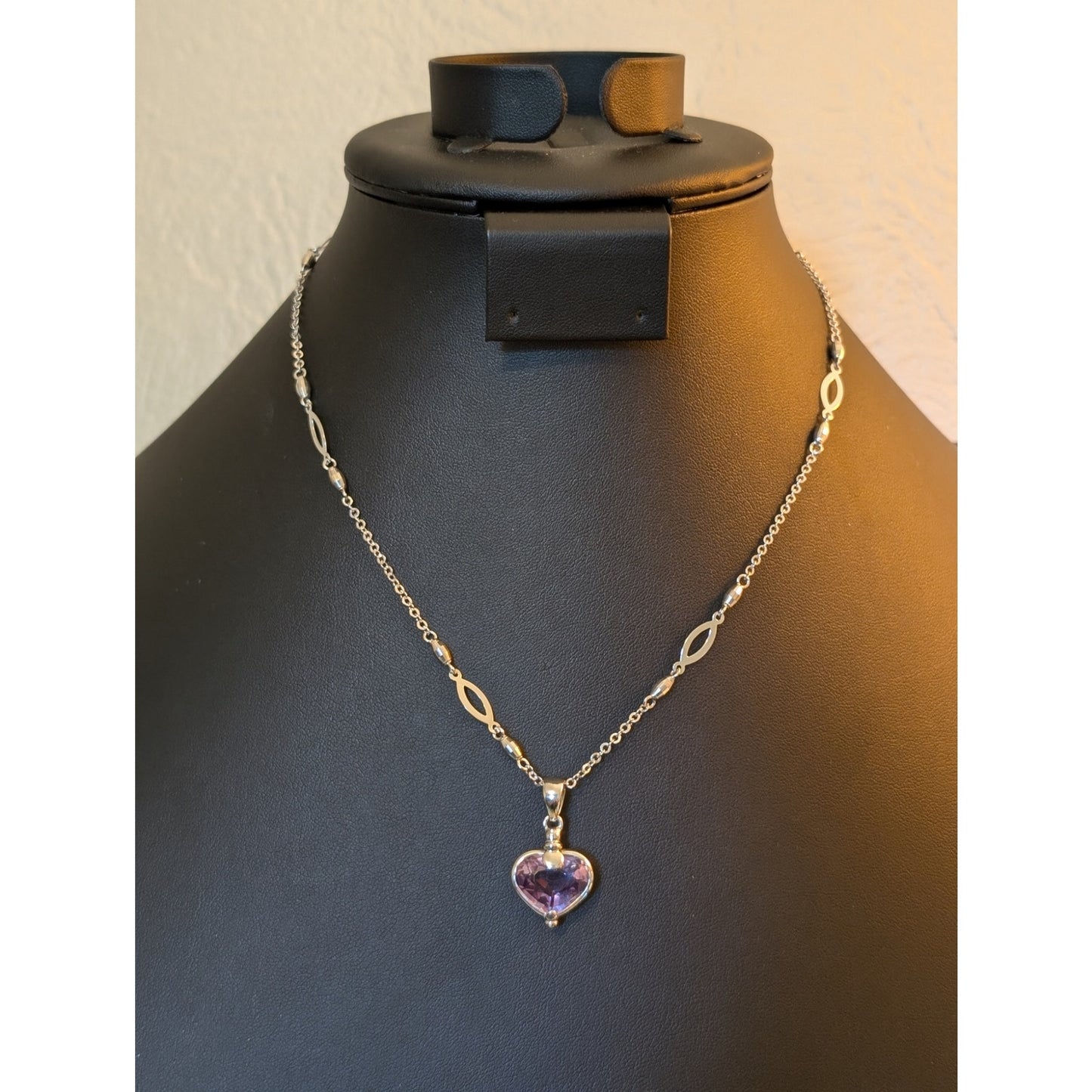 14Kt White Gold Amethyst Heart Pendant Fancy Chain 17" Necklace