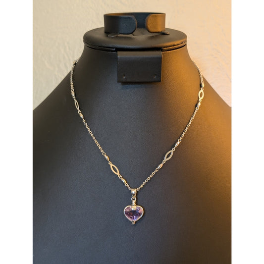 14Kt White Gold Amethyst Heart Pendant Fancy Chain 17" Necklace