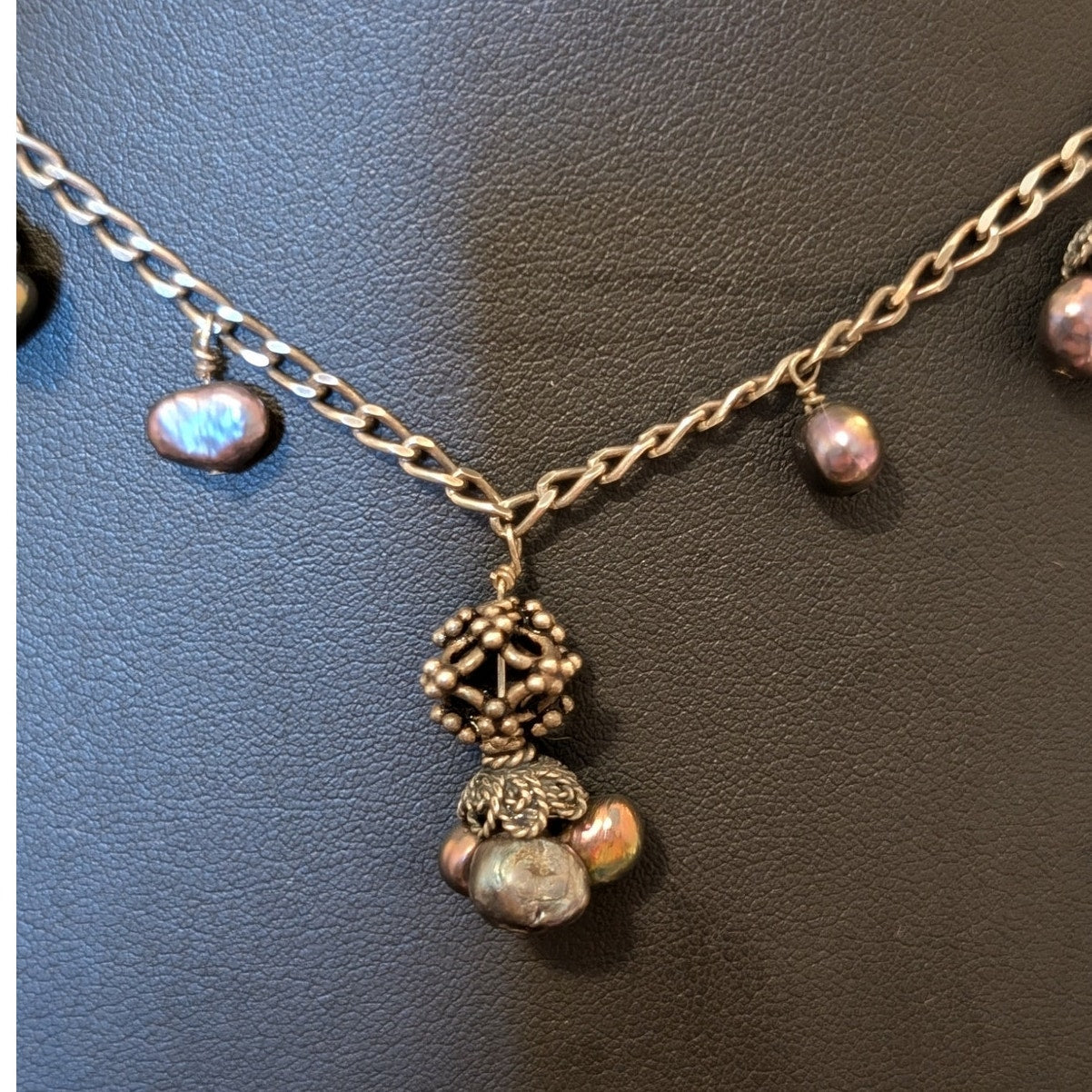 Vtg 925 Sterling Genuine Freshwater Peacock Pearl Dangling 15-16.5" Necklace