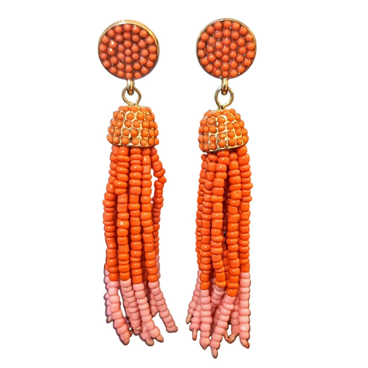 Orange Pink Beaded Tassel Boho Dangle Post Earrings