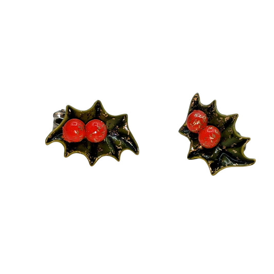 Vintage 50s Holly Berry Green Glitter Christmas Clip On 1" Earrings