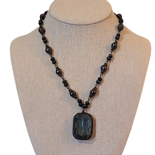 Vintage Bezel Set Smoky Blue Crystal Pendant on Beaded Chain Necklace