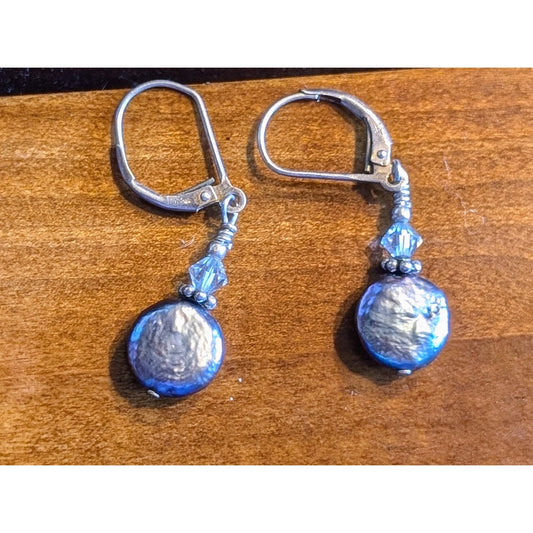 Natural Peacock Flat Coin Dangling Pearl 925 Sterling Silver Lever Back Earrings