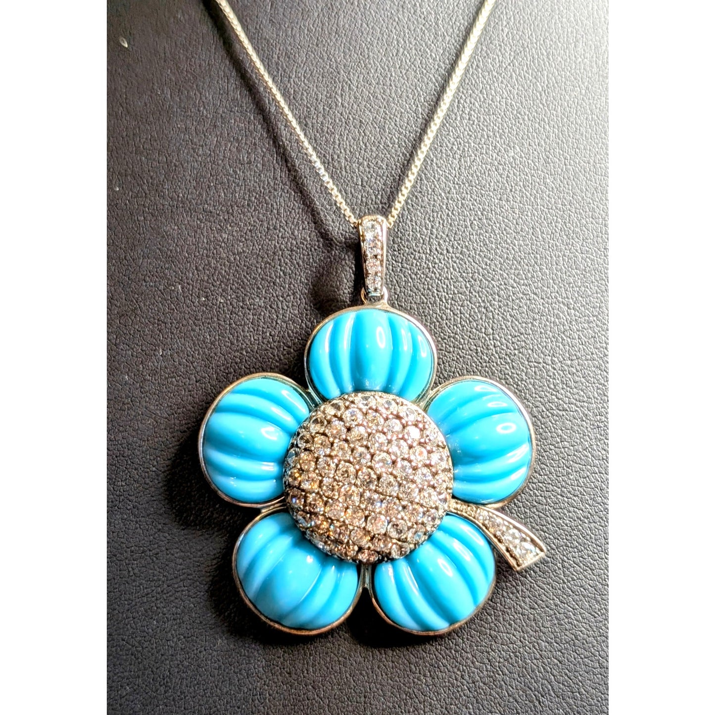 ROSS-SIMONS 925 Simulated Italian Turquoise CZ Flower Pendant Chain Necklace