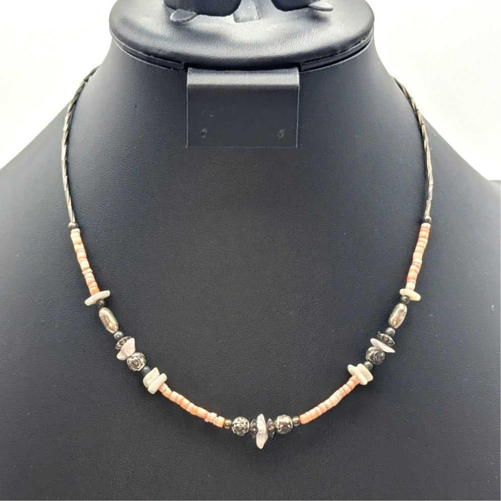 Vintage Liquid Silver Pink Shell Heishi Bead 17" Necklace