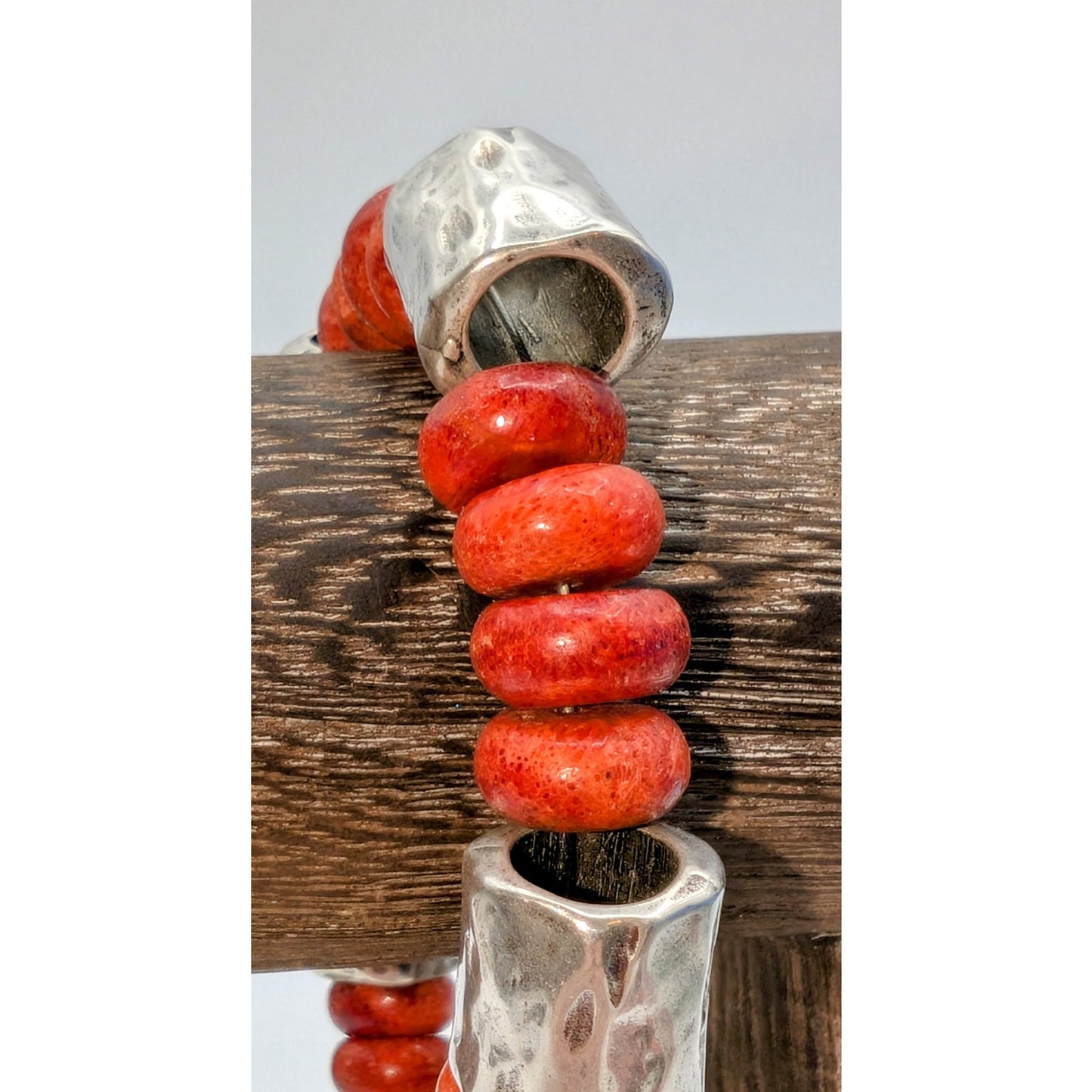 VTG DANON Made in Israel Signed Coral Silver Plated Beaded Toggle Clasp Bracelet