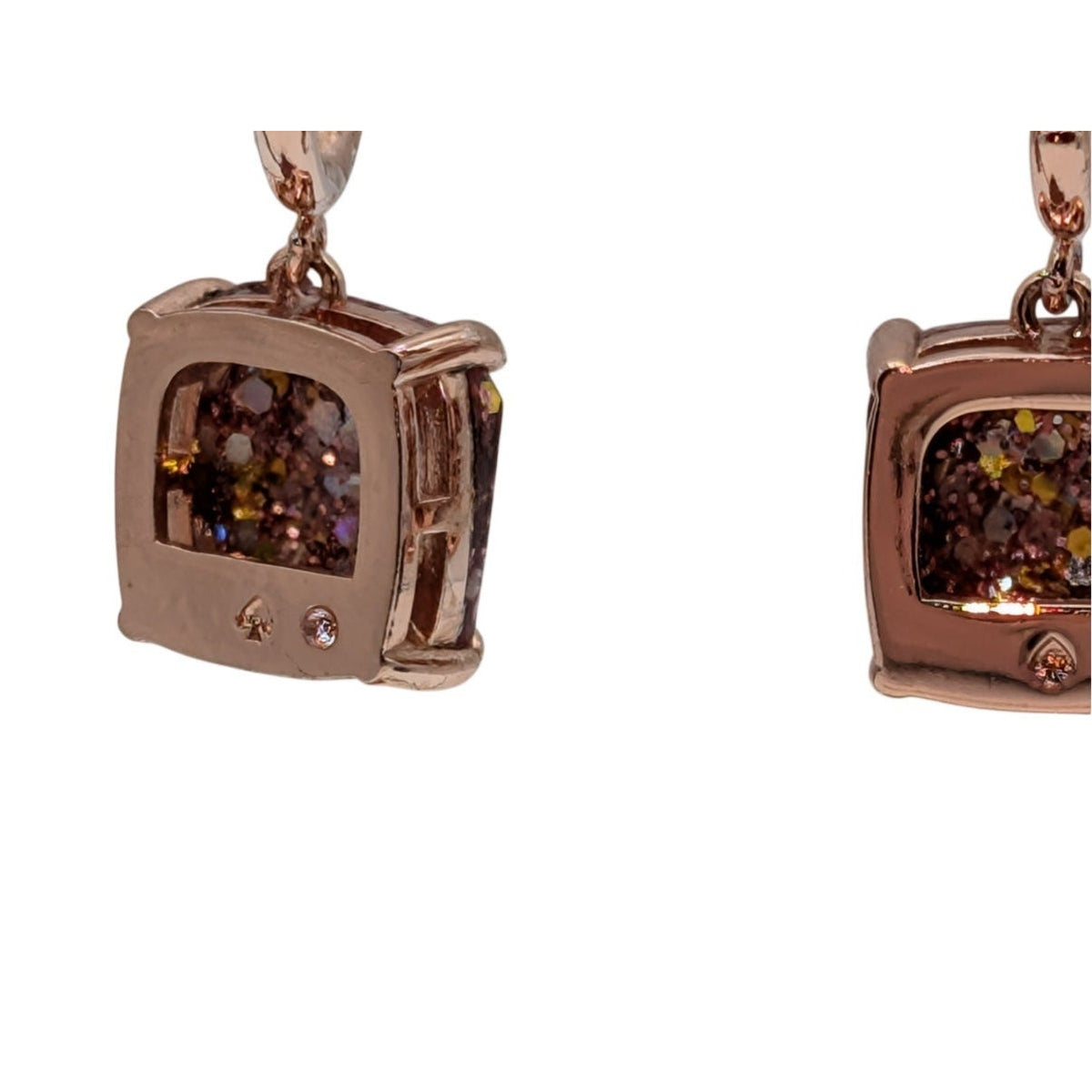 Kate Spade New York Rose Tone Gold Glitter Cushion Square Drop Huggie Earrings