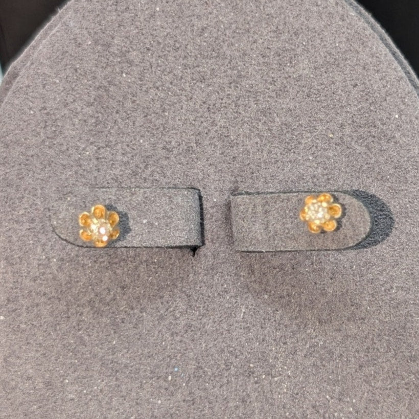 14k Vtg Tested Diamond Stud Earrings W/ Removable Purple Carved Flower Jacket