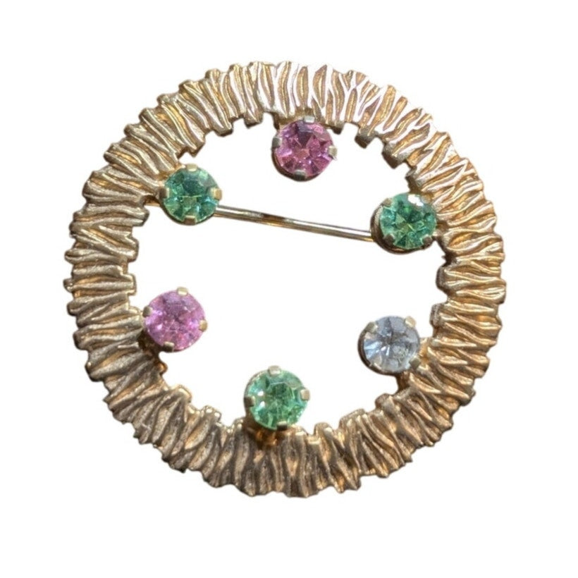Vintage Signed ANSON Karatclad Rhinestone Goldtone Wreath Brooch