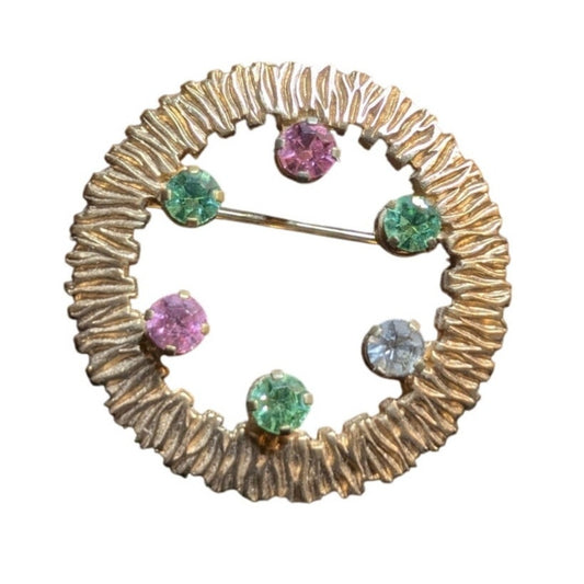 Vintage Signed ANSON Karatclad Rhinestone Goldtone Wreath Brooch