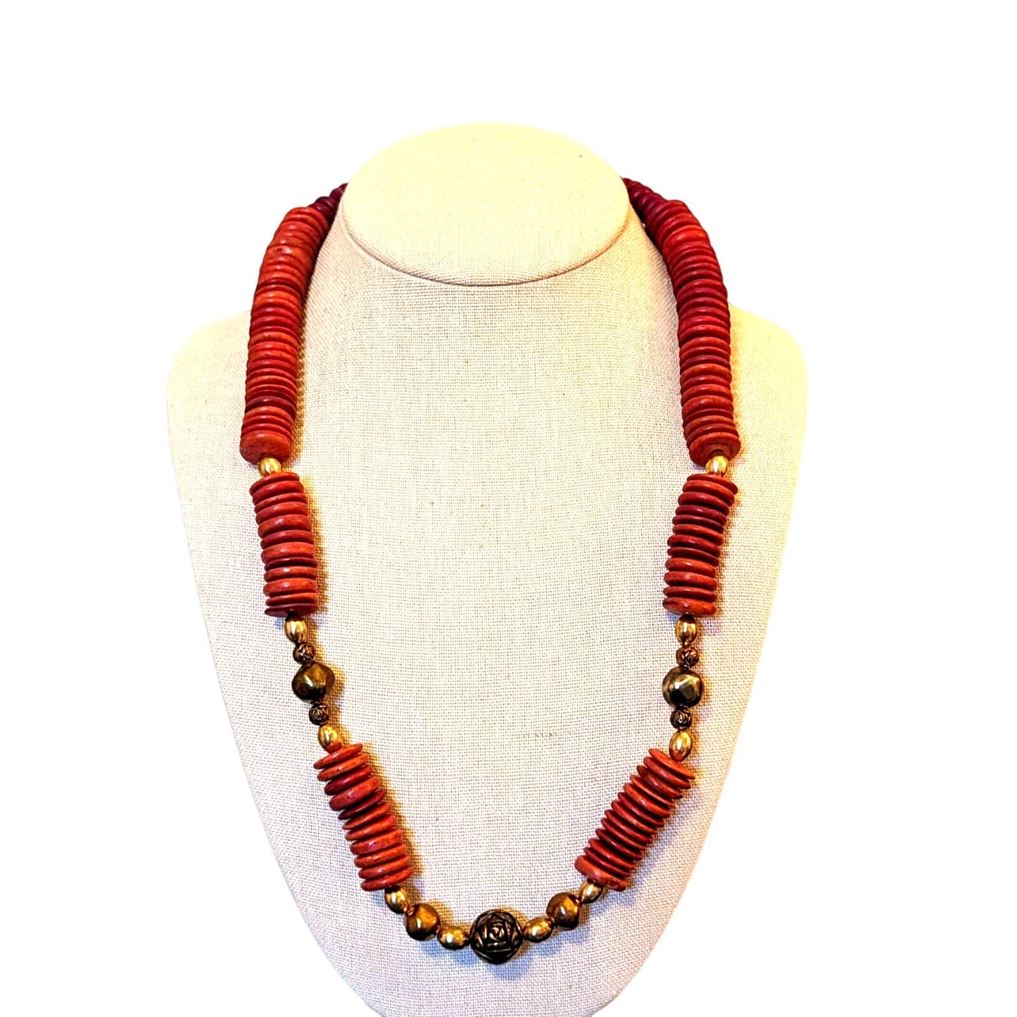 Vintage Tribal Red Coco Wood Gold Tone Rose Bead Hook Closure Necklace