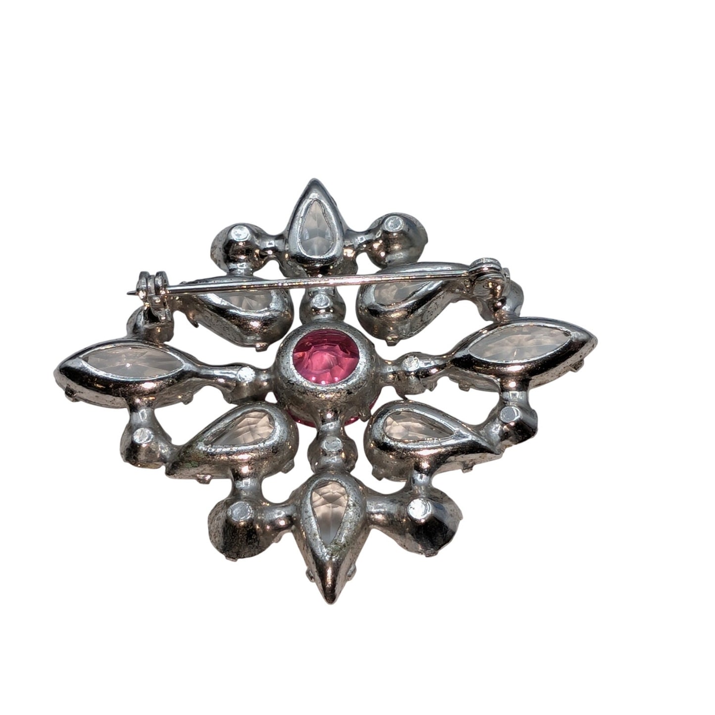 Vintage Silver Tone Clear & Pink Rhinestone Brooch