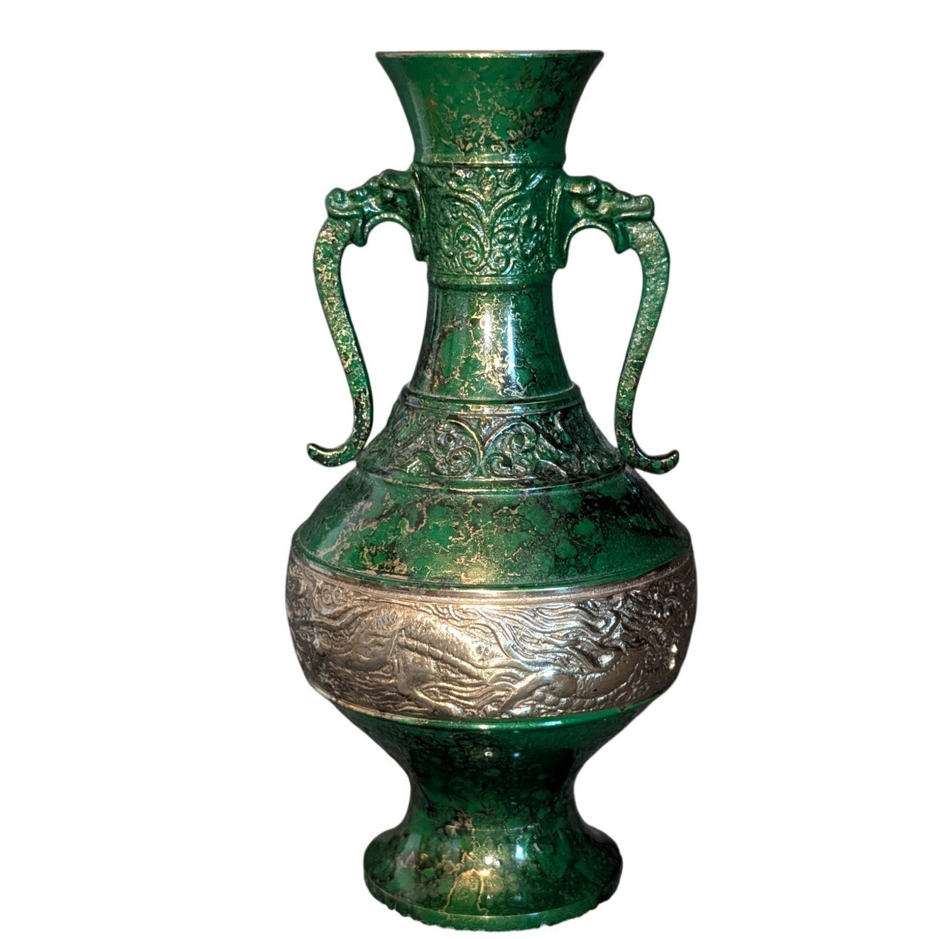 Vtg Japanese Embossed Shishi Brass Green Cast Metal Flower Vase