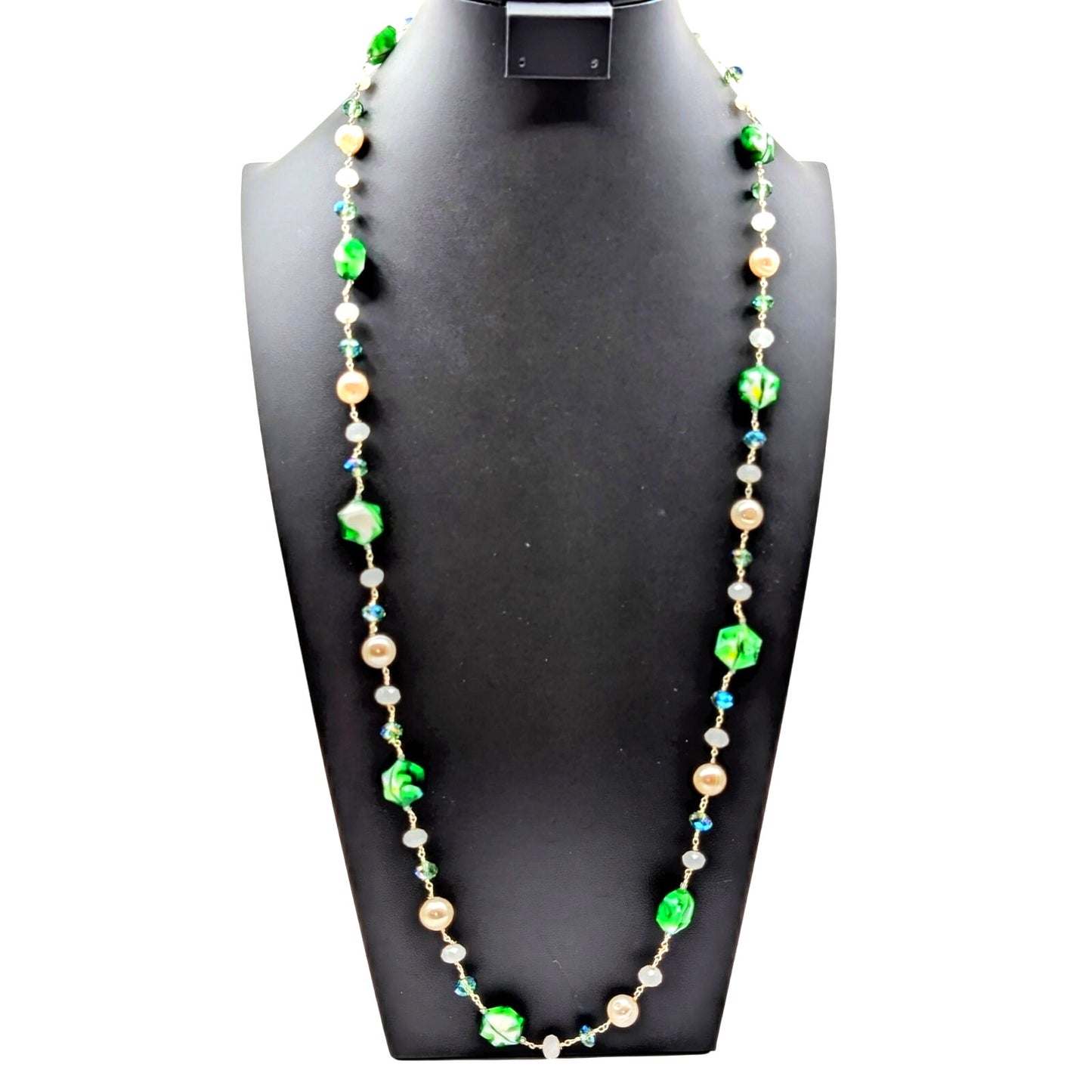 925 Sterling Silver Green White Swirl Glass Genuine Pearl Crystal 34" Necklace
