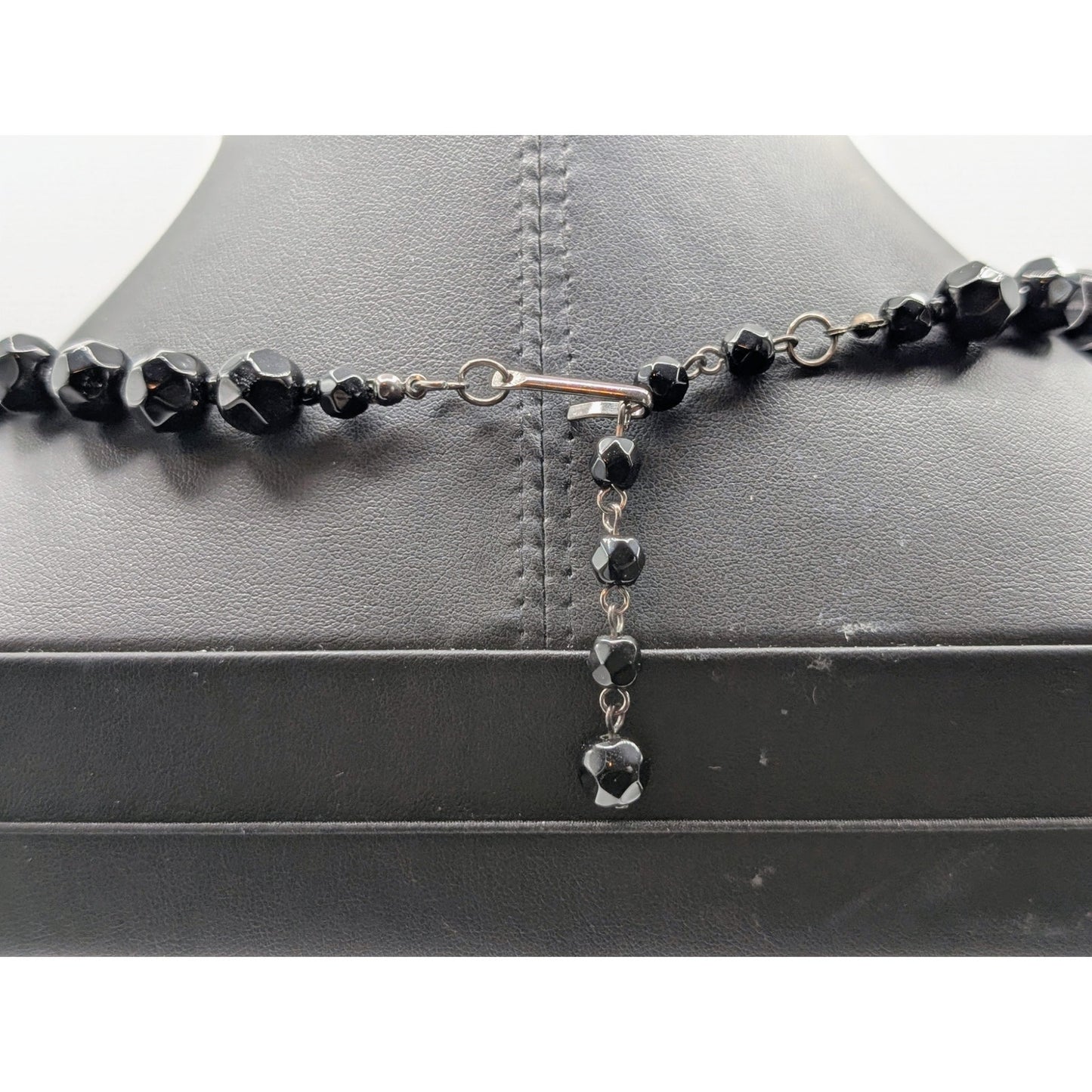 Vintage Black Faceted Glass Bead Hook Clasp 16.5"-18.5" Necklace