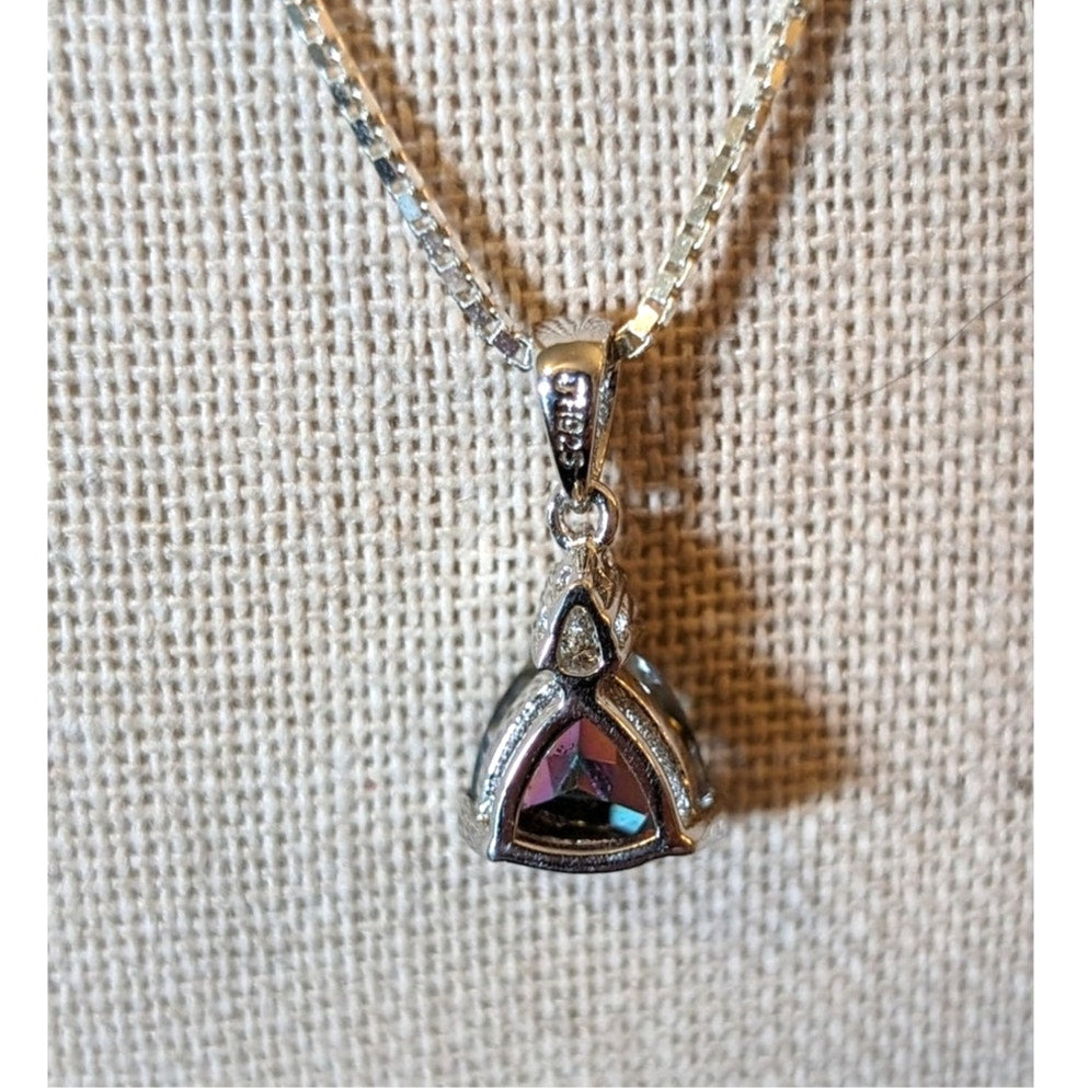 925 Sterling Trillian Cut  Mystic Topaz W/ 3 CZ Pendant Box Chain 18" Necklace