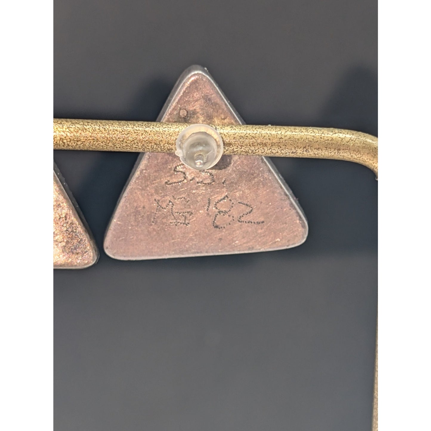 Vintage Signed Sterling Silver Nephrite Jade Stone Triangle Stud Earrings