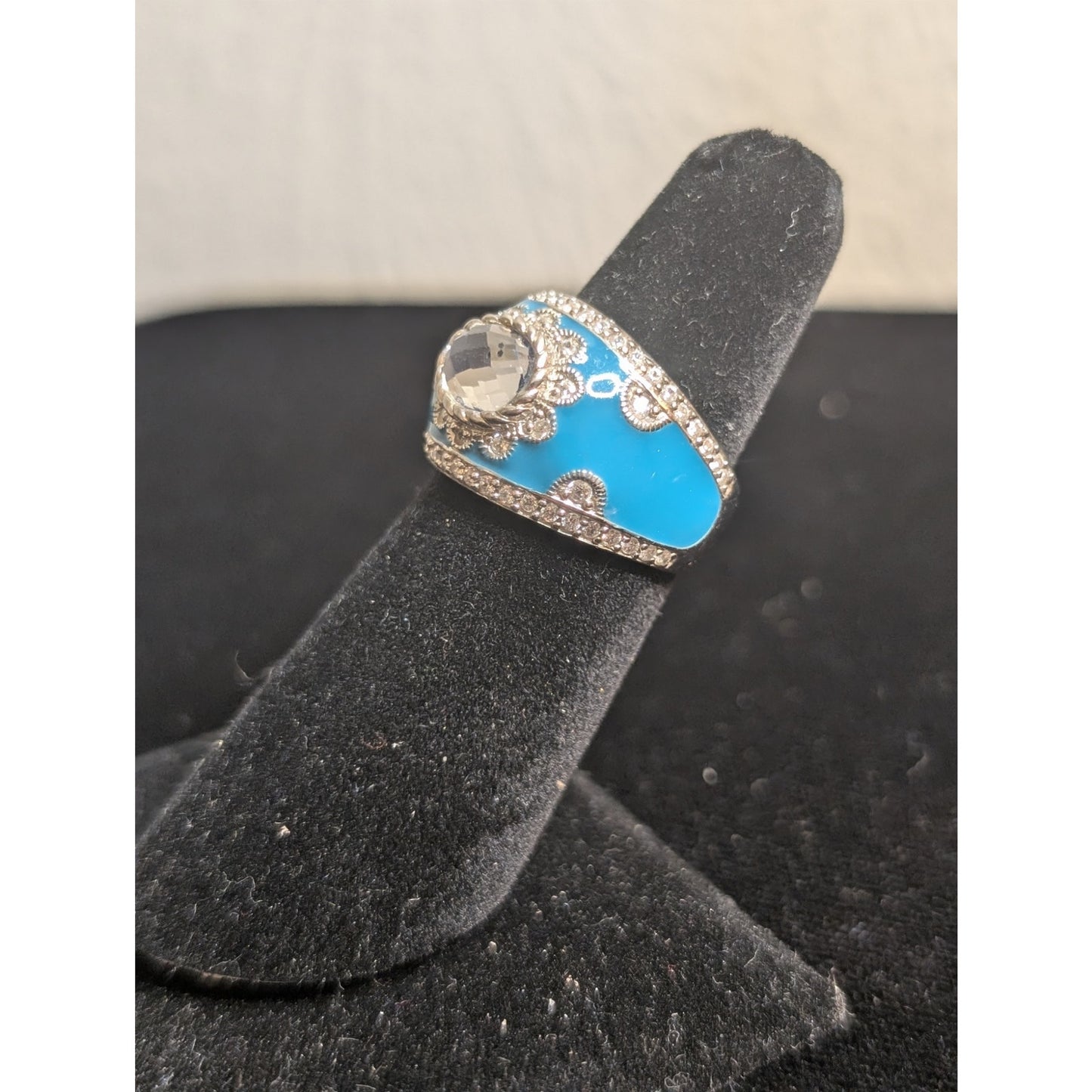 Judith Ripka Aqua Enamel Blue Spinel CZ 925 Sterling Cigar Band Ring Sz 5.75