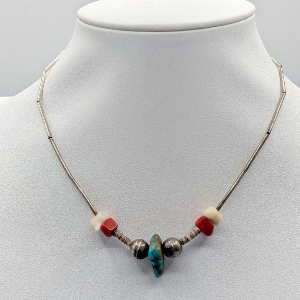 Vtg Liquid Sterling Turquoise Coral Carved Bird Heishi Bead Choker Necklace