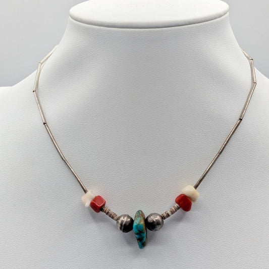Vtg Liquid Sterling Turquoise Coral Carved Bird Heishi Bead Choker Necklace