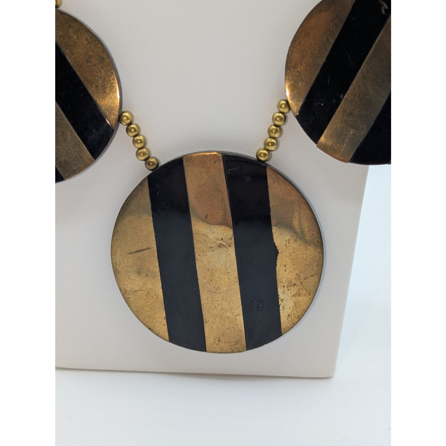 Vtg Tribal Black & Brass Striped Beaded Chunky Necklace & One Matching Earring