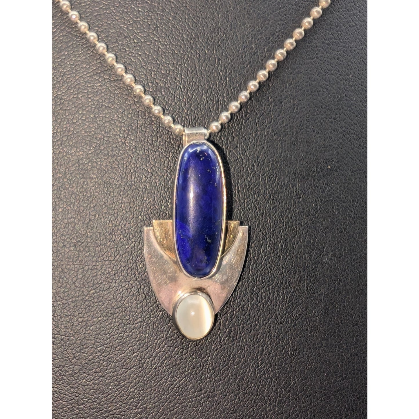 VTG Sterling Two Toned Lapis Lazuli & Moonstone Bead Ball Chain Necklace