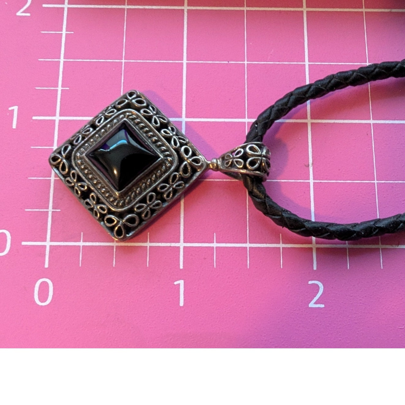 VTG 925 Sterling Silver Black Onyx Filigree Pendant Braided Leather 17" Necklace