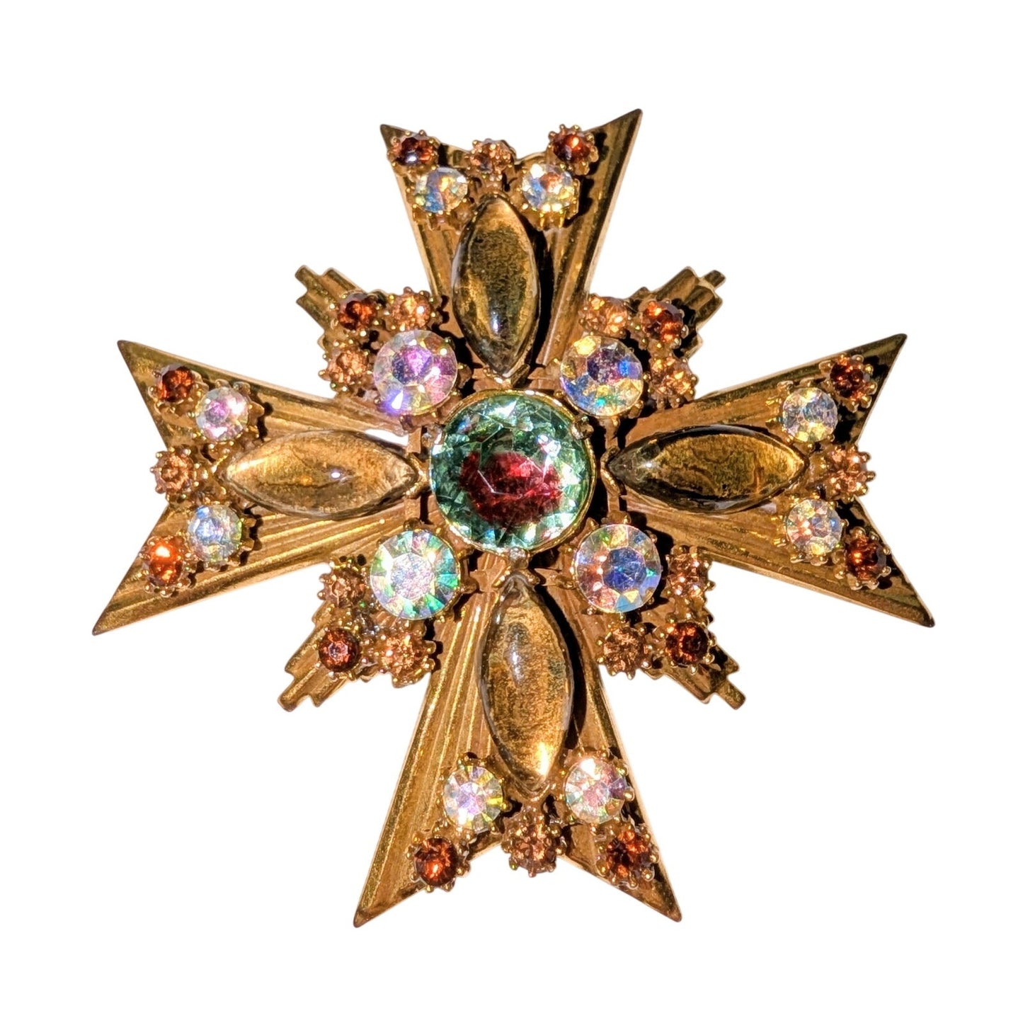 Vintage Florenza Watermelon Maltese Cross Rhinestone Art Glass Brooch Pendant